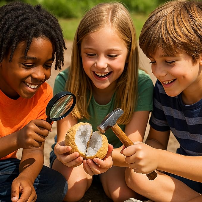 20 Break Your Own Geodes Kit – 20 Natural Geodes 1.5 to 2.5 Inches - Magnifying Glass & Learning Guide – Fun STEM Activity for Kids Easy-to-Open - Medium