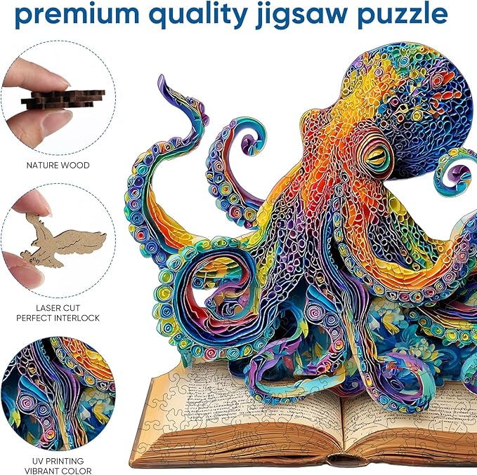 Wooden Puzzles for Adults, Octopus Book Jigsaw Puzzles 200 Pieces, Unique Shape Animal Adult Puzzles, Irregular Wood Best Gift for Adults Family Game(11.4 * 10.9 in)