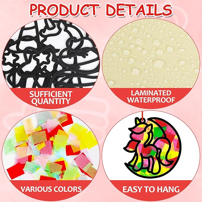 Qyeahkj 36 Set Unicorn Suncatchers Crafts for Kids DIY Unicorn Tissue Paper Crafts Window Stained Glass Effect Rainbow Hanging Decor School Home Creative Activity Art Project Birthday Party Favor Gift