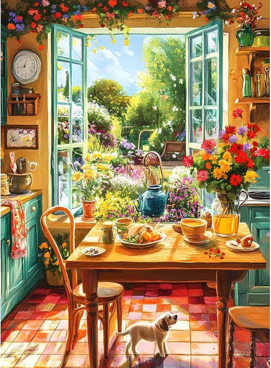500 Piece Puzzle for Adults, Cozy Kitchen and Garden View Jigsaw Puzzle, Colorful Puzzles with Flowers, Sunshine and Dog, Relaxing Gifts for Adults, Seniors and Kids, Finished Size 20.5”x 15”