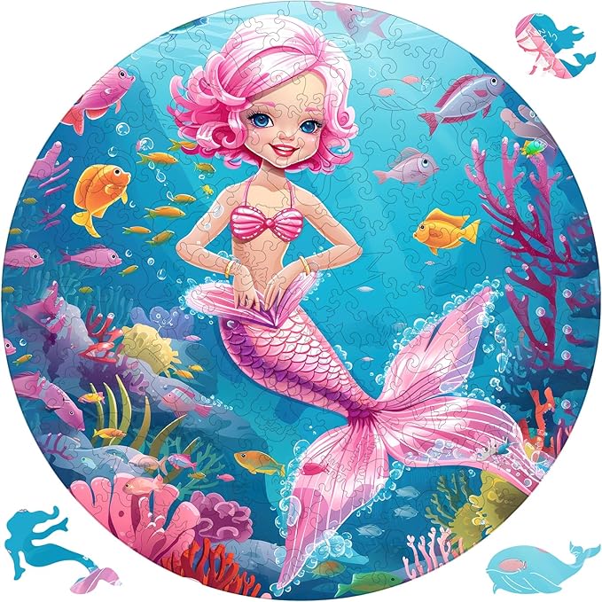 delobil Wooden Puzzles for Adults, Mermaid Jigsaw Puzzles 200 Pieces, Unique Shape Puzzles with Wooden Box, 11.2 x 11.2 Inches Medium Size Family Game Gift, Fun Challenging Puzzles for Adults and Kids