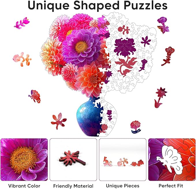 Wooden Puzzles for Adults, 199 Pieces Flower Vase Wooden Jigsaw Puzzles, Floral Puzzle Unique Shaped Gift for Adults and Kids on Birthday, Thanksgiving, Family Puzzle Games (10.7'' x 11.4'')
