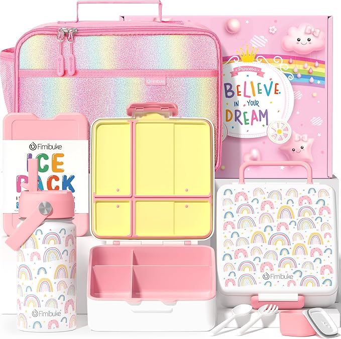 Fimibuke Kids Bento Lunch Box with 4 Compartments, Insulated lunch Bag, Stainless Steel Insulated Water Bottle, Ice Pack & Utensils Set, Birthday Gifts for Ages 3-12 Back to School Toddler Girls Boys