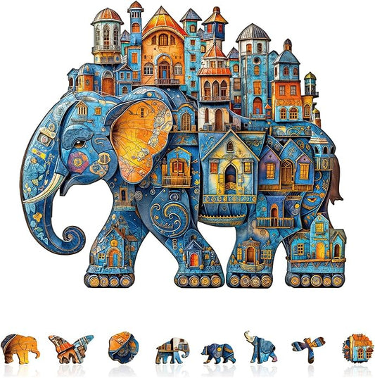 Jigfoxy Wooden Puzzles for Adults, Elephant House Wood Puzzles Adult, Unique Animal Shape Wooden Jigsaw Puzzles for Adults, Birthday Gifts for Puzzle Lovers, Family, Friend (S-8.5 * 7.4in-100pcs)