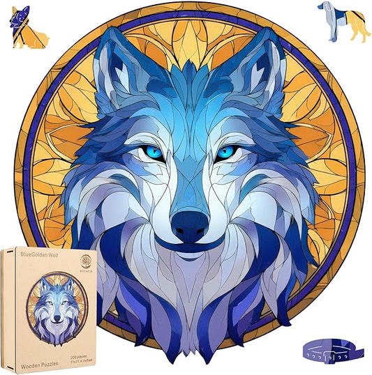 Wooden Puzzles for Adults - BlueGolden Wolf, Unique Shaped Jigsaw Puzzle, Wood Puzzles Adult, Creative Gift for Kids Family Game, 300Pcs, 12.1x12.5in