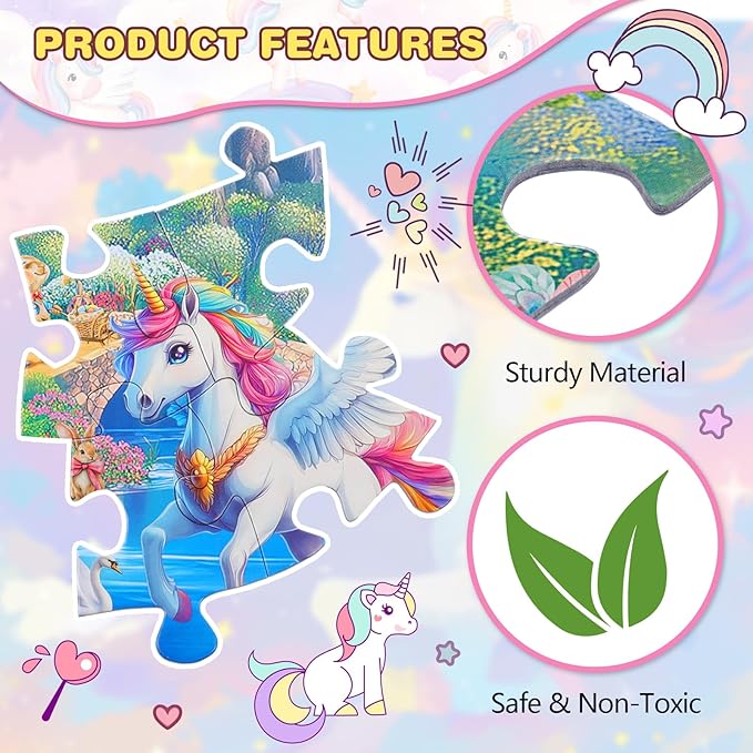 Civaner 70 Pieces Floor Puzzles for Kids Large Puzzles for Kids Ages 3 4 5 6 7 8 Jigsaw Puzzle Educational Puzzle Toy Gifts for Toddlers Boys Girls Baby Shower Birthday(Unicorn)