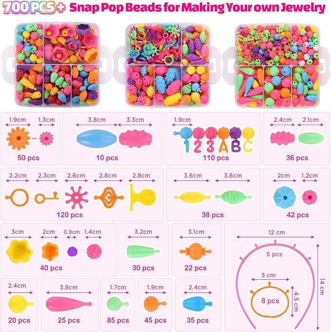Funtopia Pop Beads, 700+ Pcs Arts and Crafts for Kids 4-6, Snap Beads DIY Bracelet Necklace Ring Anklet Set, Birthday Party Creativity Toys for Girls Toddlers Ages 3 4 5 6 (X-Large)