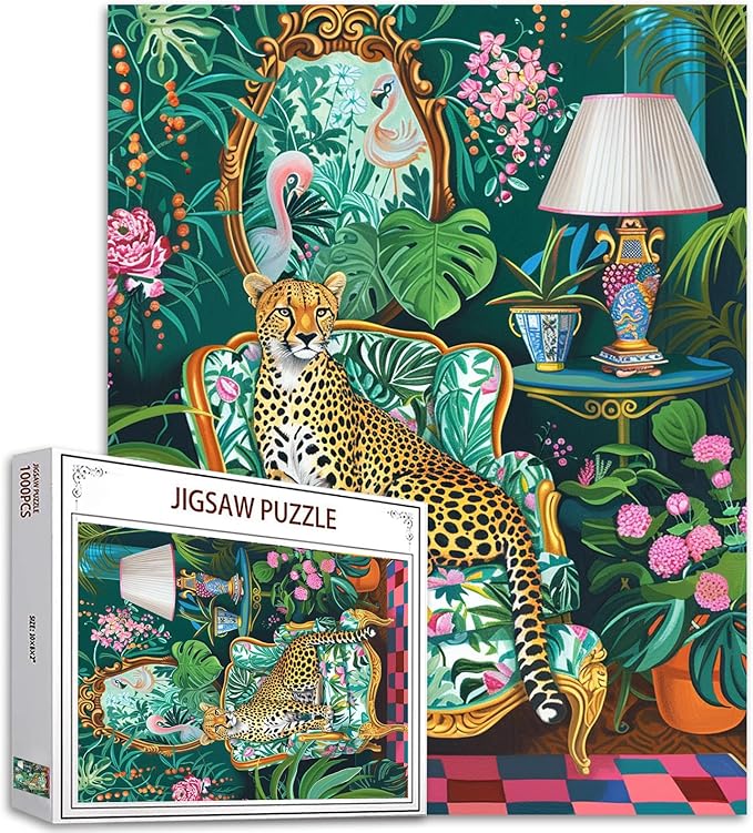 Jungle Animal Cheetah on Sofa Jigsaw Puzzles for Adults 1000 Pieces,Woodland Leopard Botanical Jigsaw Puzzle Art 20x27 in Colorful DIY Puzzle for Home Decoration,Family Puzzle Perfect for Game Nights