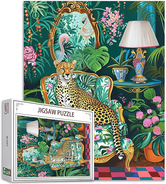 Jungle Animal Cheetah on Sofa Jigsaw Puzzles for Adults 1000 Pieces,Woodland Leopard Botanical Jigsaw Puzzle Art 20x27 in Colorful DIY Puzzle for Home Decoration,Family Puzzle Perfect for Game Nights