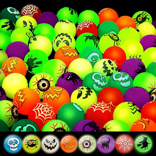 40 Glow in The Dark Bouncing Balls, 8 Halloween Theme Designs, Party Favor Supplies, Trick or Treating Goodie Bag Filler, School Classroom Game Rewards, Miniatures (with Pouch Bag)