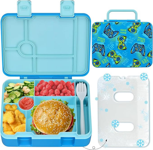 Chill Lunch Box Kids, Leak Proof Adult Bento Box with Ice Pack, 6 Compartment Lunch Container with Utensils for Girl Boy Back to School, 5.5-Cup Capacity, Dishwasher Safe, BPA Free