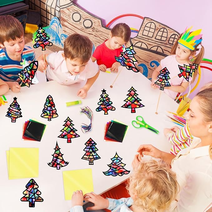 EggSun 36 Sets Christmas Tree Suncatchers Craft Kit for Kids Ornaments Stained Glass Effect Window Arts and Crafts Kit for Classroom Holiday Birthday Projects Home Party Favors Decorations Ages 4 8 12