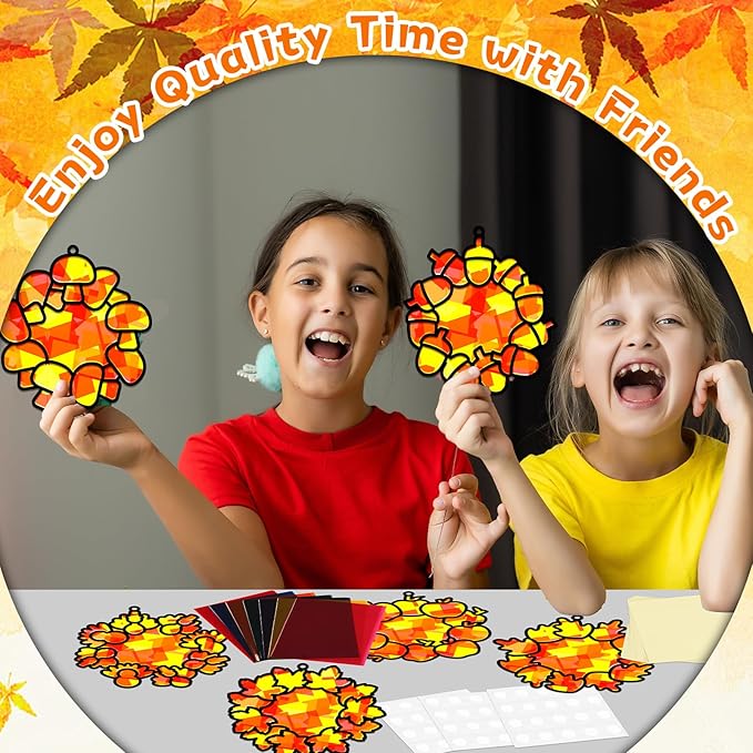 32 Sets Fall Thanksgiving Wreath Suncatchers Craft Kit DIY Window Stained Glass Effect autumn Wreath Paper Crafts Home School Classroom Decoration Kid Birthday Gift Creative Art Project Activity Game