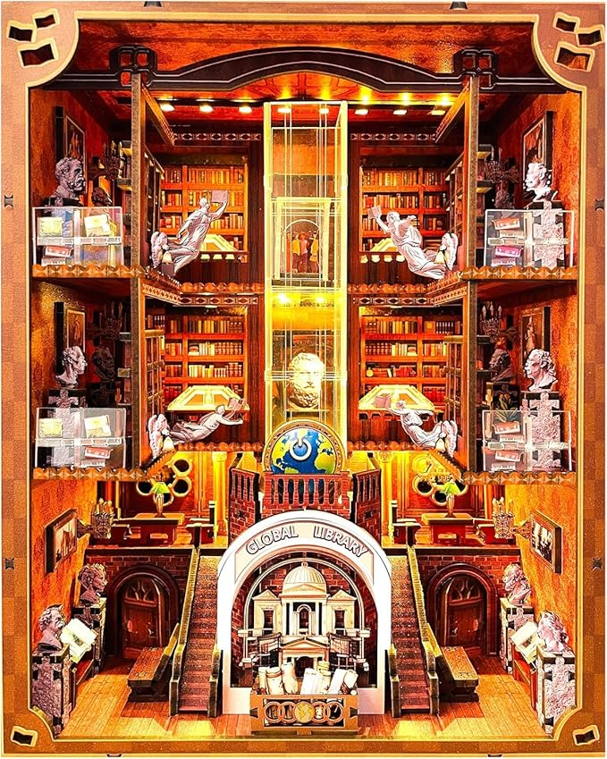 Book Nook Kit for Adults and Teens, 3D Puzzle Booknook Bookshelf Decor with LED Light, Dual Power Options (Battery/Type-C), Perfect Miniature Dollhouse Gift (Global Library)