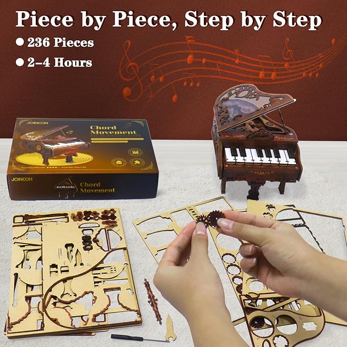 3D Wooden Puzzles for Adults, 236pcs Playable Piano Model Kit 1:20 Scale Building Puzzles Wooden Music Box, Mechanical 3D Puzzles Musical Instrument, Creative Finger Piano Desk Decor Unique Gift