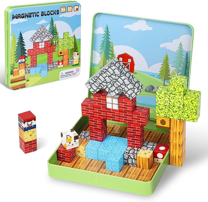 49 PCS Mini Magnetic Building Blocks Travel Toys for Kids Ages 4-8, Travel Magnetic Tiles with Portable Iron Storage Box, STEM Learning Educational Construction Toys for Toddlers 3+