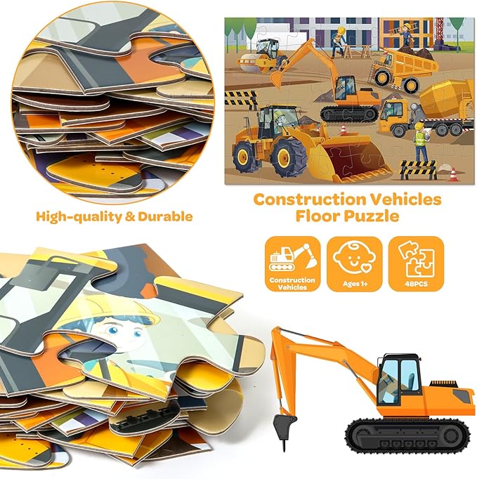 Construction Floor Puzzle for Kids - 48 Pieces Large Construction Vehicle Jigsaw Puzzles for Kids 3-5, Toddler Learning Preschool Educational Toys 12 Month+, Birthday Christmas Gifts for Boys Girls