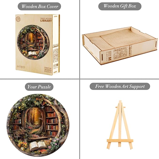 KAAYEE Wooden Puzzles for Adults, 3D Visual Effect Tree House Library Wooden Jigsaw Puzzle Unique Shape Wood Puzzle Adult, 3D Effect Flat Puzzle Birthday Family Games (L-13.4 * 13.4 in-295pcs)