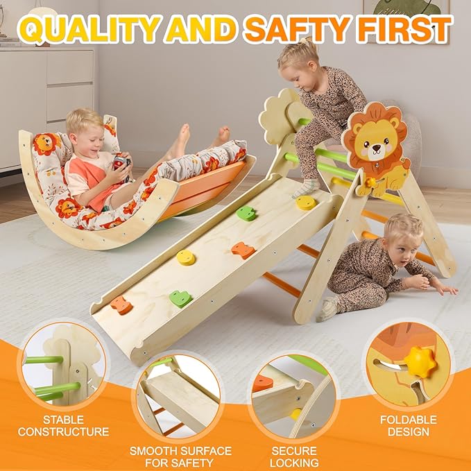 Pikler Triangle Set with Cushion, 7 in 1 Toddler Climbing Toys Indoor, Montessori Foldable Climbing Set, Wooden Climbing Toys for Toddlers 1-3 Inside with Ramp, Arch and Ladder (Lion)
