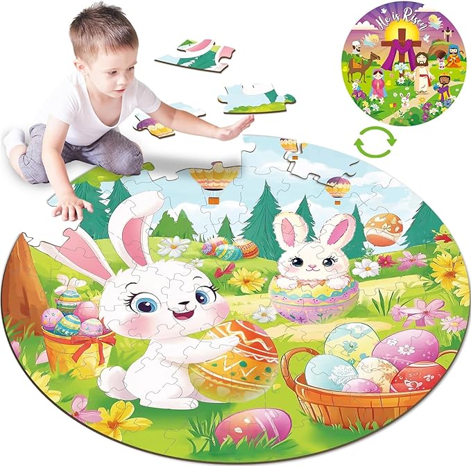 71Pcs Easter Jigsaw Puzzles for Kids Ages 3-5 4-8 Bunny Jesus Double Sided Puzzle for Kids Religious Easter Egg Round Floor Puzzles Happy Easter Party Supplies Preschool Brain Teaser Educational Toys