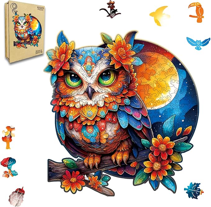 Wooden Puzzles for Adults Owl Jigsaw Puzzles 300 Piece,Thanksgiving Birthday Gifts Family Game,Unique Shape Puzzle Challenge 14.9 x 14.9 Inch