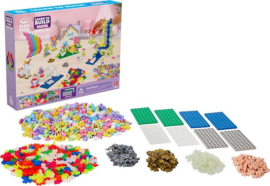 Plus-Plus - Learn to Build Super Set - Pastel Mix, 1,200 Pieces w/ 4 Baseplates - Construction Building Stem/Steam Toy, Interlocking Mini Puzzle Blocks for Kids