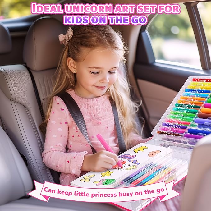 JoyCat Magical Unicorn Drawing kit for Kid,55 Pcs Stationery Kit with Washable Scented Marker&Twist Crayon,Glitter Marker,Ideal Gift for Girl Aged 4-10,Fun and Creative Art & Craft Supply