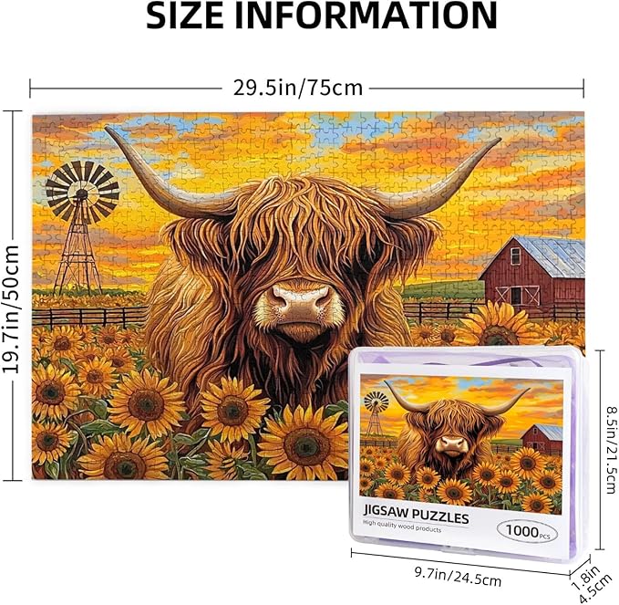 Beautiful Sunflower Highland Cow Jigsaw Puzzle 500 Piece for Adult, Sunflower Jigsaw Puzzles Flowers Puzzle Nature Animal Flower Painting Jigsaw Puzzles Birthday Gifts for Adults and Family Game