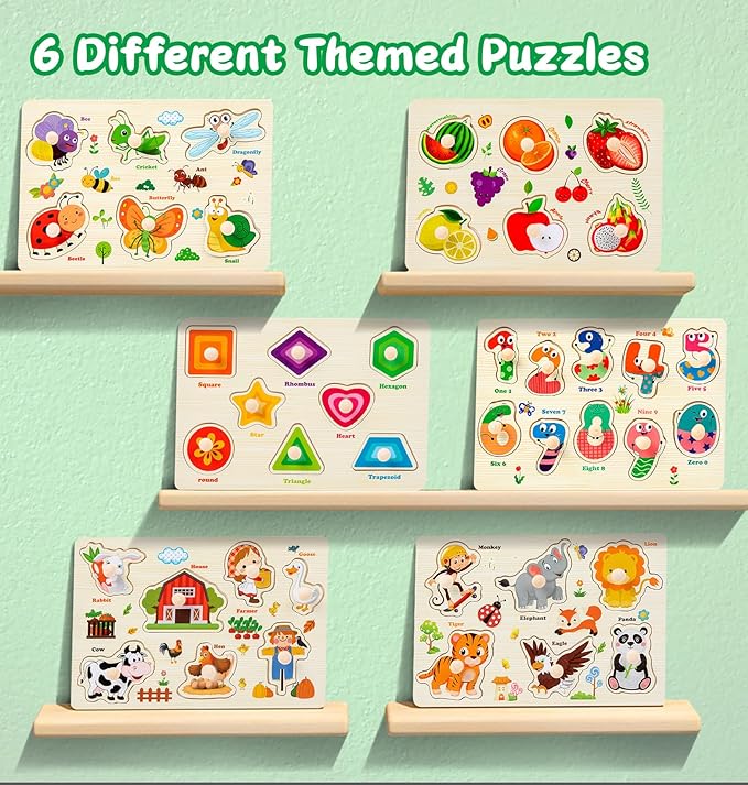 Wooden Puzzles for Toddlers,6 Pack Toddler Puzzles for Boys Girls,Montessori Toys for Baby,Preschool Learning Wooden Peg Puzzles for Kids with Farm,Insects,Numbers,Shapes,Animals,Fruits
