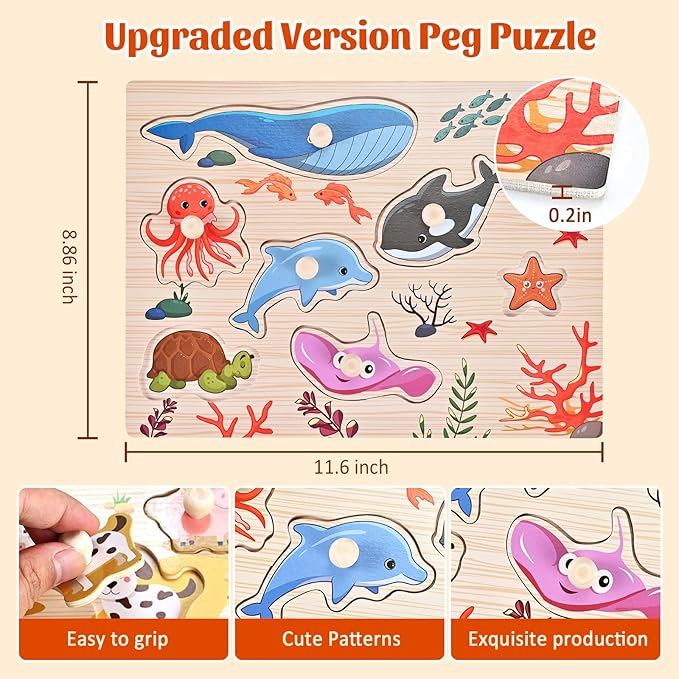Wooden Peg Puzzles for Toddlers 1-3, 2 Pcs Upgraded Montessori Educational Learning Puzzle Toy Sets - Animal & Sea Themes Puzzles, Great Preschool Gifts for Girls and Boys (8.86 * 11.61in)