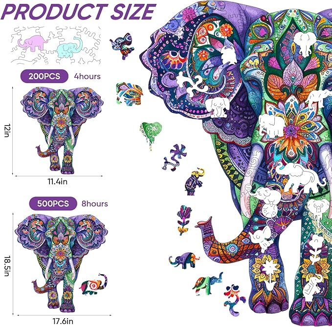 Wooden Puzzles 500 Pieces, Elephant Forest Puzzles for Adults Unique Shape Animal Adult Puzzles, Irregular Wood Best Gift for Adults Family Game (17.6x18.5 in)