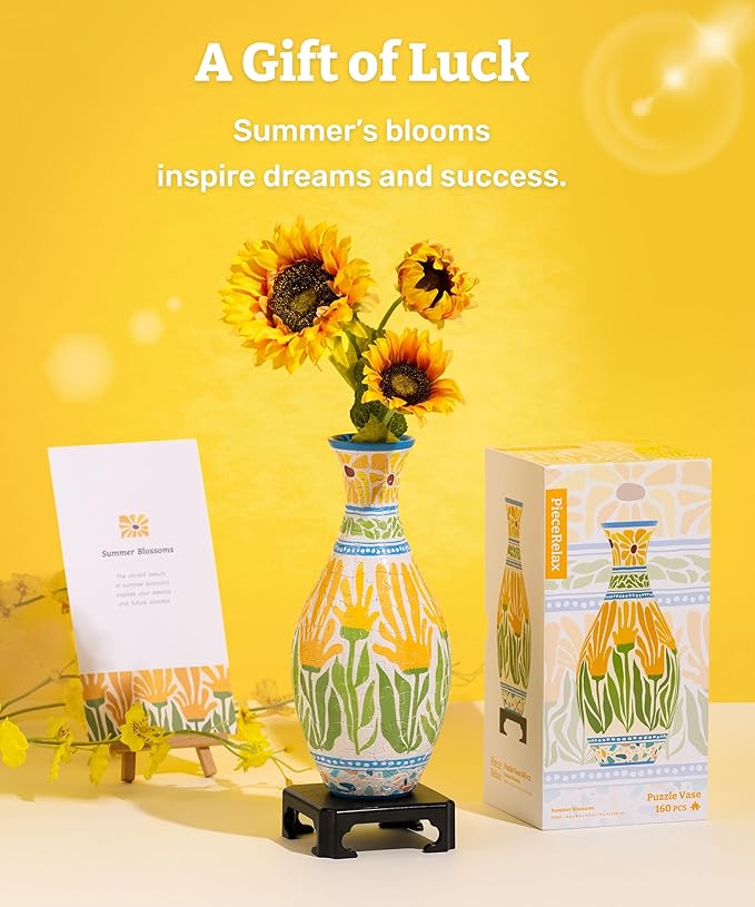 PieceRelax Unique Flower Vase - 3D Puzzle Vase for Adults to Flower Arrangement and Home Decoration Made by 160 Curved and Translucent Plastic Puzzle Pieces - Summer Blossom [S1041]