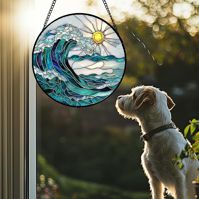 Stained Glass Window Hanging - Blue Green Waves Suncatcher for Door Terrace Garden Home Decor Sunrise Over The Sea Sun Catcher Birthday Gifts for Lovers Women Men Dad Mom Nana 9.8 in