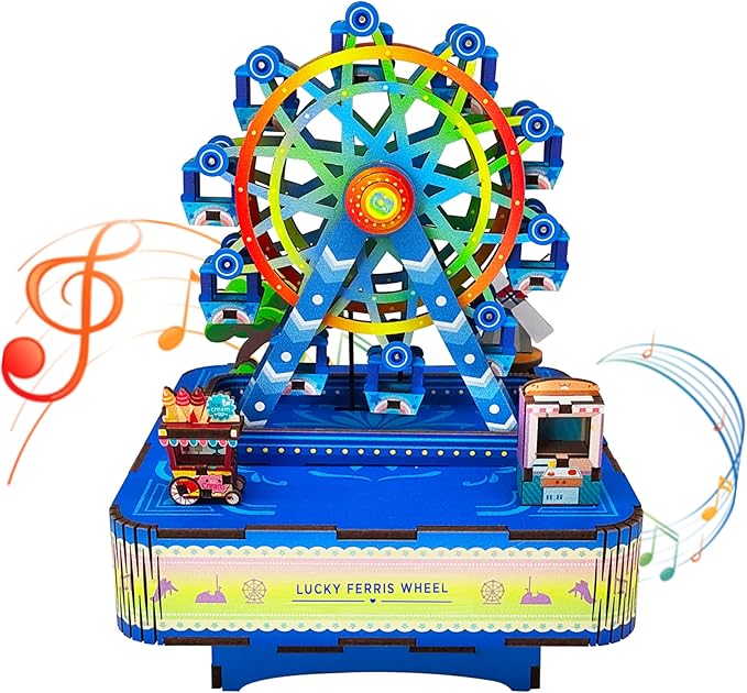 3D Wooden Puzzles Ferris Wheel DIY Rotating Music Box Kit 3D Wooden Jigsaw Puzzle Adult Teen Birthday Gifts and Toys for Kids（Lucky Ferris Wheel Music Box）