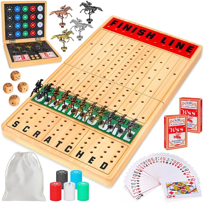 Large 21 Inches Horse Race Board Game, Horse Racing Games with Cards and Dice & 11 Luxury Metal Horses, Thickened Wood Chessboard, Classic Wooden Table Top Board Games for Adults and Family
