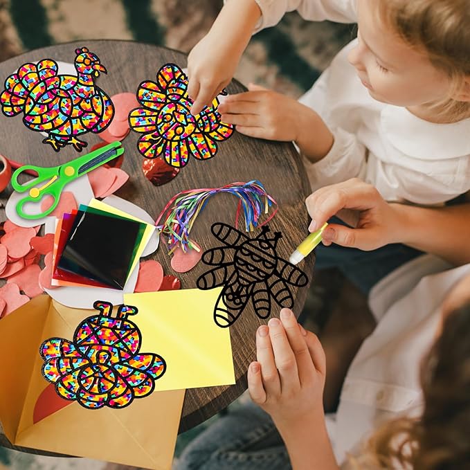 EggSun 36 Sets Fall Turkey Suncatchers Craft Kit for Kids Ornaments Stained Glass Window Arts and Crafts Kit for Thanksgiving Classroom Holiday Projects Home Party Favors Decorations Ages 4 8 12