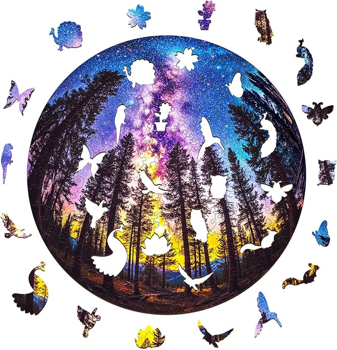 Jigfoxy Wooden Puzzle for Adults, Galactic Forest Jigsaw Puzzles for Adult, Unique Animal Shape Wood Cut Puzzles, Christmas Thanksgiving Gifts for Friends Family (L-13.4 * 13.4in-300pcs)