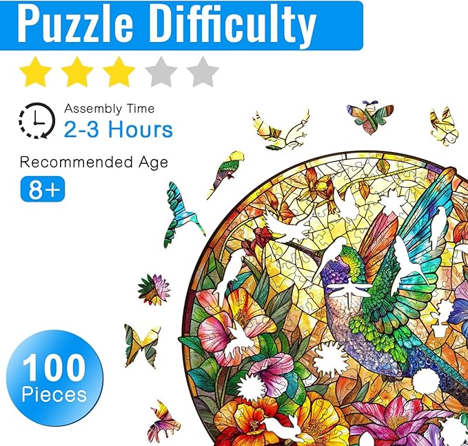 Wooden Puzzle for Adults, Stained Glass Hummingbird Puzzle, Unique Animal Shape Puzzles, Wooden Jigsaw Puzzles for Adults, Thanksgiving for Family Friend (S-8.5 * 8.5in-100psc)