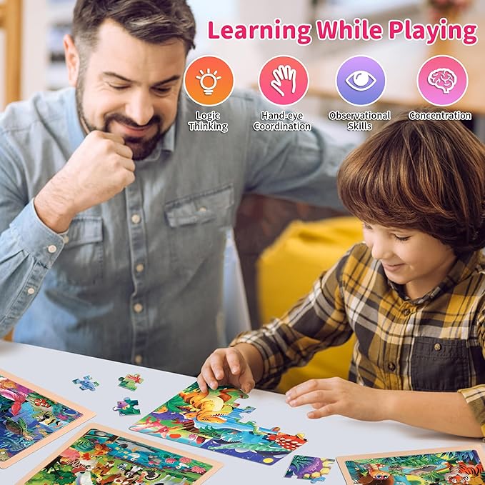 24PCS Wooden Puzzles for Kids Ages 4-6, 4 in 1 Box, Preschool Educational Toys Birthday Gifts Puzzles for 3 4 5 6 7 8 Year Old Boy Girls, Animal