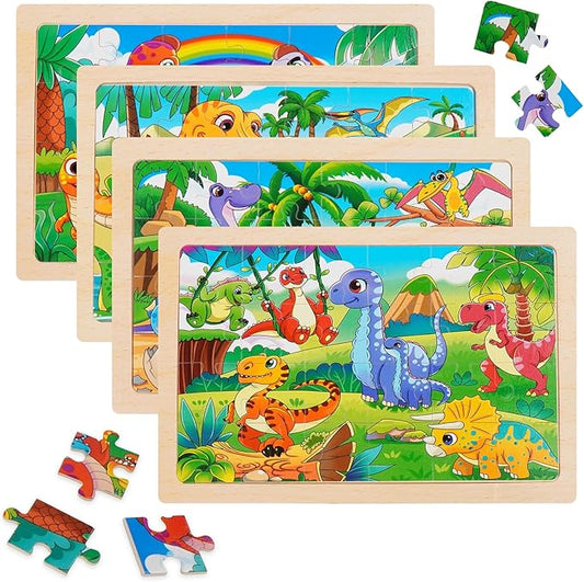 Wooden Jigsaw Puzzles for Kids Ages 3-6, 4 Pack with Dinosaurs Preschool Educational Toys, Toddler Puzzles Gift for 3 4 5 Year Old Boys Girls (Dinosaur)