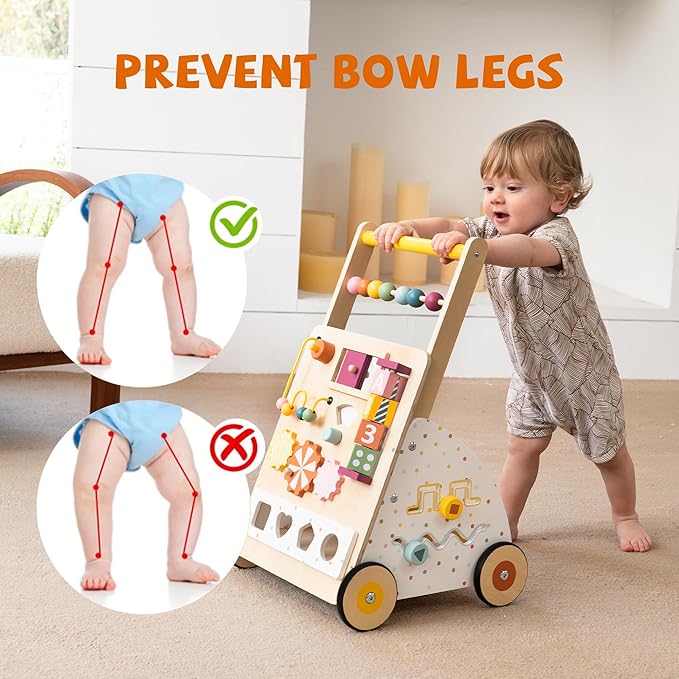 Wooden Baby Walker with Activity Center – Montessori Push Walker Toys for Boys & Girls 18 Months+ – Educational Toddler Learning Walker with 10-in-1 Sensory Games