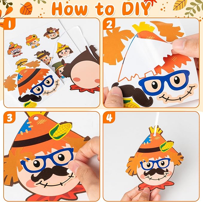ANGOLIO Fall Thanksgiving Crafts for Kids - 123Pcs Fall Scarecrow DIY Sticker Kit Paper Art Autumn Classroom Decor, Preschool Kindergarten Art Activities, Seasonal Home Hanging Ornaments Party Favors