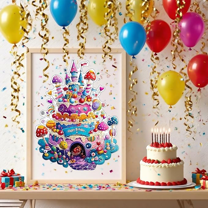 Wooden Puzzles for Adults, Birthday Cake Castle Puzzles 448 Pieces, Unique Shaped Mushroom Jigsaw Puzzles for Adults and Kids, Birthday Gifts Fun Challenge Family Game 16.9'' x 12.8''