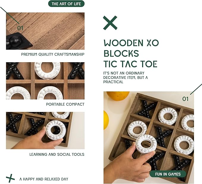 GENMOUS Wooden Tic Tac Toe Game Board for Seniors Family Indoor, 10.6 Inch Rustic Giant Tic Tac Toe Coffee Table Decor, Fun for Family Travel Outdoor Game Room Decor