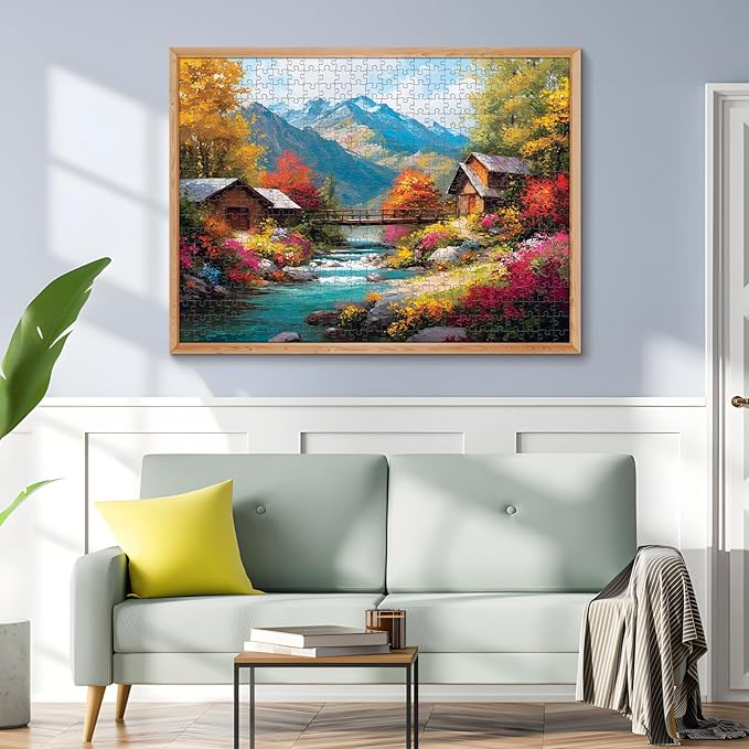 500 Piece Puzzles for Adults, Autumn Wooden Houses 500 Piece Puzzle, Beautiful Mountain Landscape Jigsaw Puzzle, Perfect for Family Game Night, Wall Decor, Gift for Adults, Kids, Seniors, 20.5 x 15 in