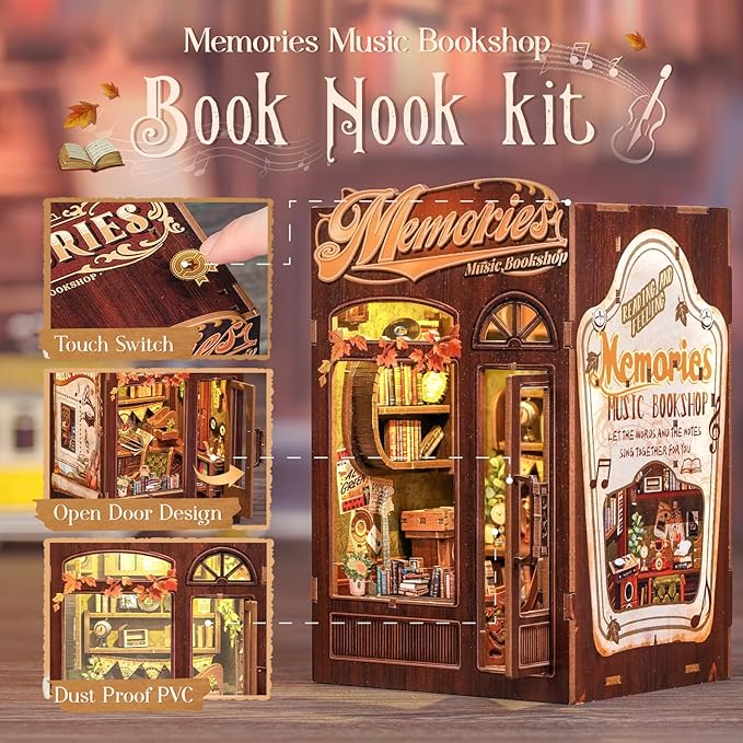 Fsolis Book Nook Kit, DIY Miniature House Kit, 3D Wooden Puzzles for Adults, 136 Pieces, Bookshelf Decor Mini Scale Model Boonook Craft, Gifts for Women Teenagers (Memories Music Bookshop)
