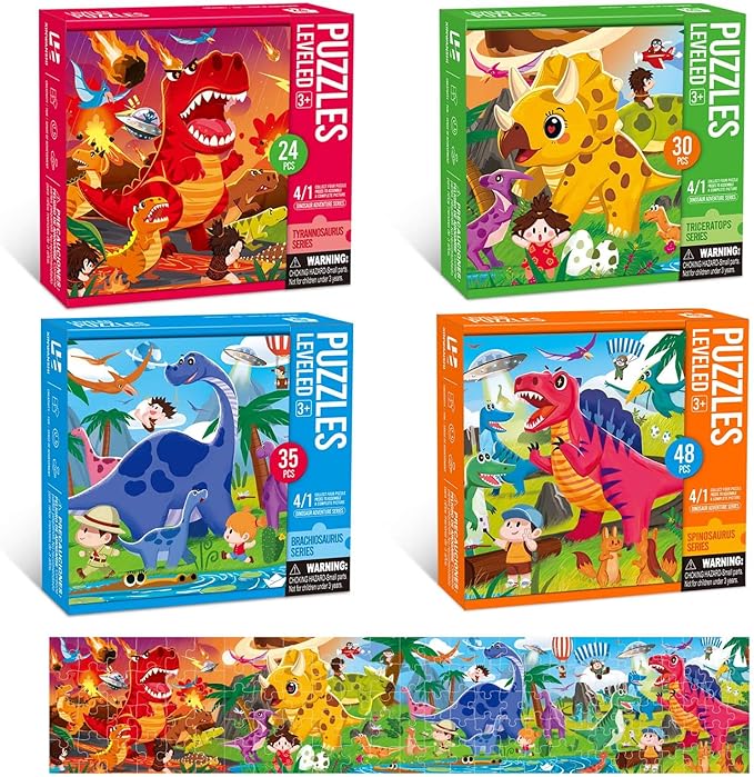 Dinosaur Puzzles for Kids Ages 3-8，4 Pack Progressive Jigsaw Puzzles (24/30/35/48 Pieces) for Toddlers & Children，Educational Floor Puzzles for Gifts