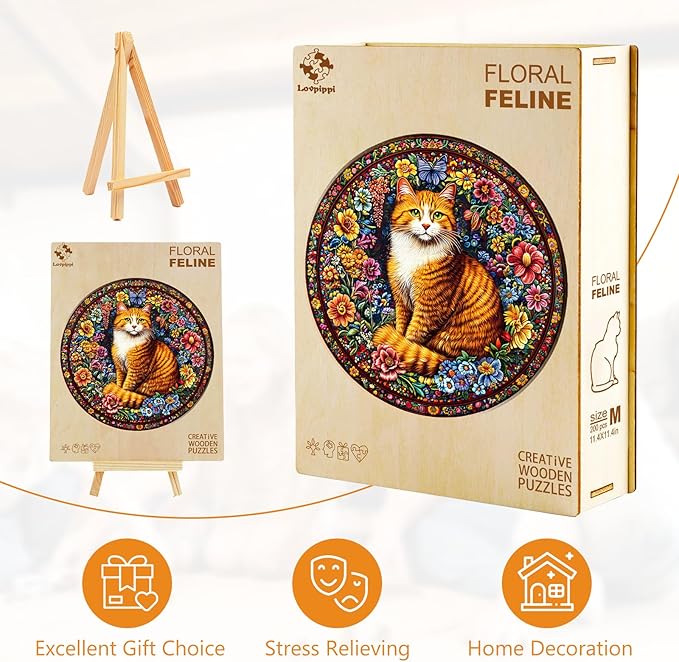 Wooden Puzzles for Adults, Wooden Jigsaw Puzzles for Adults Kids, Floral Feline Unique Shaped Wood Puzzles Adult, Creative Birthday Gifts for Friends Family Game(11.4 * 11.4in 200pcs)
