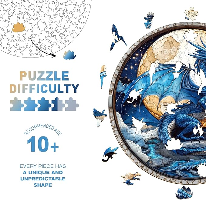 Wooden Puzzles for Adults - Moonlight Blue Dragon Wooden Jigsaw Puzzle, Unique Animal Shaped Wood Puzzles Adult, Christmas Birthday Gifts for Friends/Family, Home Decor 11.4 * 11.4in 200pcs