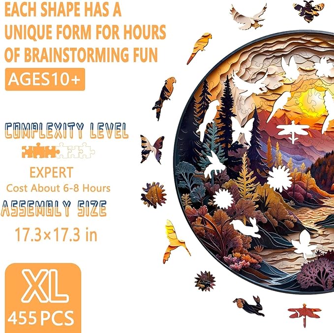 Wooden Puzzles for Adults - Sunset Forest Puzzle, Flat Puzzle with 3D Visual Effect, Unique Shape Wooden Jigsaw Puzzles, Good Gift Idea for Family and Friends (XL-17.3 * 17.3in - 455 Pieces)